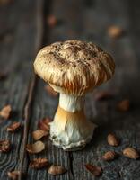A mushroom on a wooden table photo