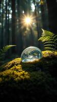 A glass ball sits on top of a moss covered forest photo