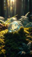 A globe in a glass sphere in the middle of a forest photo