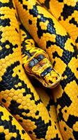 A close up of a yellow and black snake photo