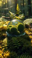 A moss ball in a glass sphere in the forest photo