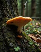A mushroom growing on a tree trunk in the woods photo