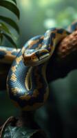 A snake is sitting on a branch in the jungle photo