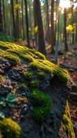 A moss covered rock in the woods photo
