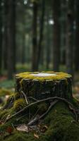 A stump in the forest with moss on it photo