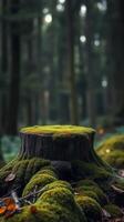 A moss covered stump in the middle of a forest photo