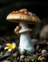 A small mushroom sitting on top of a mushroom photo