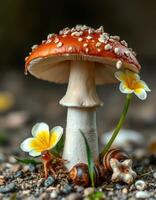 A mushroom with flowers and shells on the ground photo