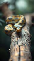 A yellow and black snake is sitting on a branch photo