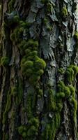 A close up of a tree trunk with moss growing on it photo