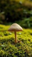 A mushroom is standing on top of a green mossy ground photo