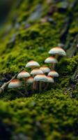 A group of mushrooms on a moss covered tree photo