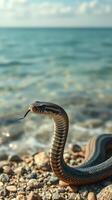 A snake on the beach with water in the background photo