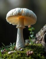 A white mushroom is sitting on top of a moss covered rock photo
