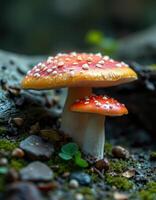 Two mushrooms are sitting on a rock photo