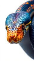 A colorful snake with a blue and orange pattern photo