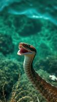 A snake with its mouth open in the water photo