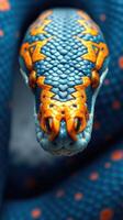 A close up of a blue and orange snake photo