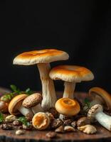 Mushrooms on a wooden table with herbs and herbs photo