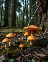 A group of mushrooms in the woods photo