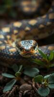 A close up of a snake with its head turned to the side photo