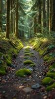 A path through a forest with mossy rocks photo