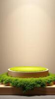 A wooden podium with grass on top photo