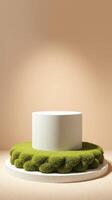 A white table with a grassy mound on top photo