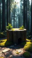 A tree stump in the woods with moss growing on it photo