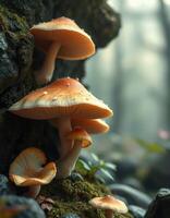 Mushrooms are growing on a rock in the forest photo