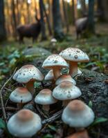 A group of mushrooms in the woods photo