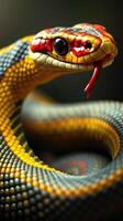 A close up of a colorful snake with red and yellow stripes photo