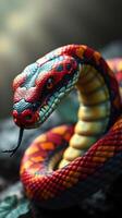A close up of a colorful snake with its head up photo
