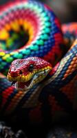 A colorful snake with a black and white pattern photo