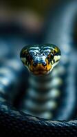 A close up of a snake's head with its eyes open photo