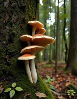A group of mushrooms growing on a tree photo
