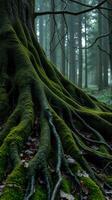 A tree with moss growing on it's roots photo