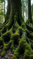 A moss covered tree trunk in the woods photo