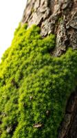 A close up of a tree with green moss growing on it photo