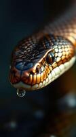 A close up of a snake with water droplets on its head photo
