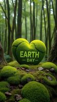 Earth day concept with heart shaped moss in the forest photo