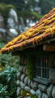 A small house with moss growing on the roof photo