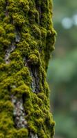A close up of a moss covered tree trunk photo