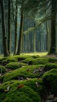 A forest with green moss on the ground photo