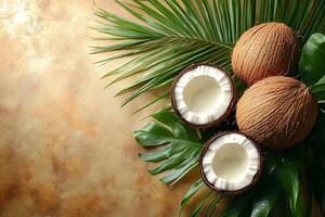 Tropical Coconuts and Palm Leaves on Textured Background for Natural Design Elements photo
