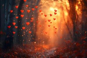 Enchanted Forest Path with Glowing Hearts and Magical Autumn Light photo