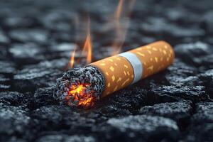 Burning Cigarette on Cobblestone Street Highlighting Smoking and Health Themes photo