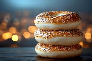 Delicious Stack of Fresh Everything Bagels with Bokeh Background for Culinary Design photo