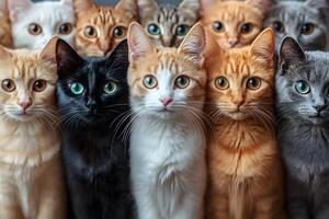 Group of Adorable Cats with Various Fur Colors Posing Together photo