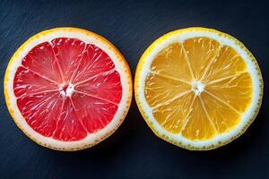 Vibrant Citrus Delights Sliced Grapefruit and Lemon on Dark Background for Food Design photo
